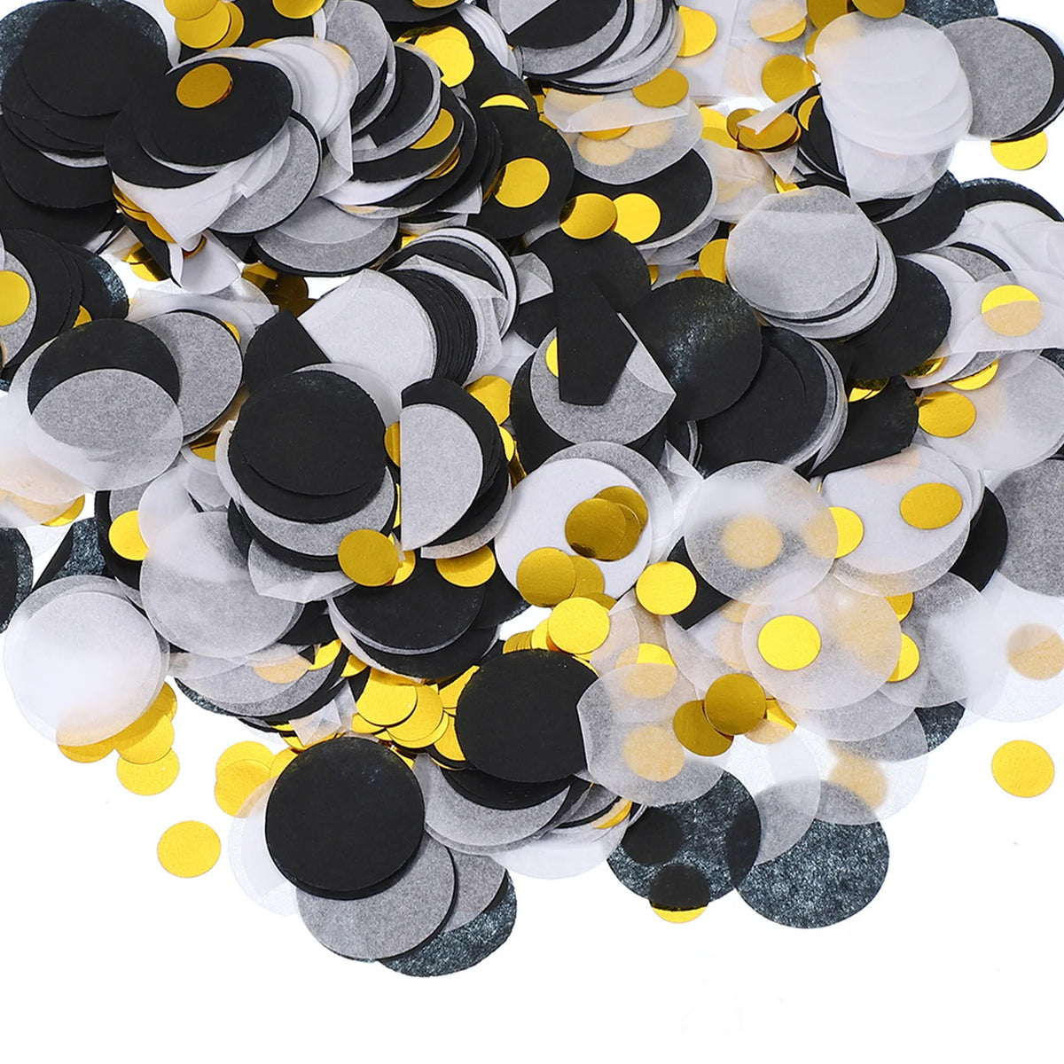 A pile of round tissue paper confetti dots in black, silver, and gold colors.