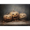 A dark painting featuring three carved pumpkins with spooky faces against a misty background.