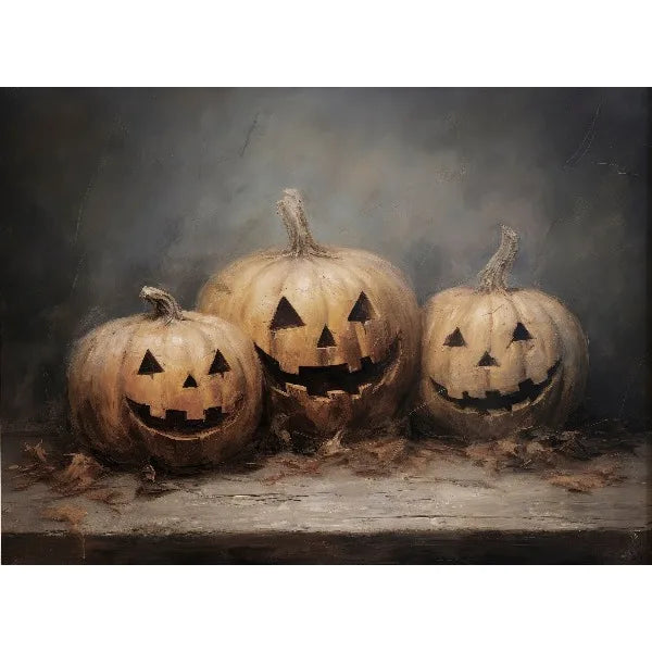 A dark painting featuring three carved pumpkins with spooky faces against a misty background.