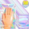 A hand is shown inside a clear holographic rainbow resealable bag, part of a 50 pack.