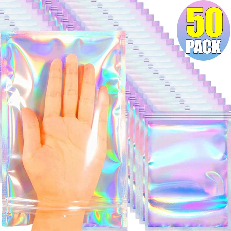 A hand is shown inside a clear holographic rainbow resealable bag, part of a 50 pack.