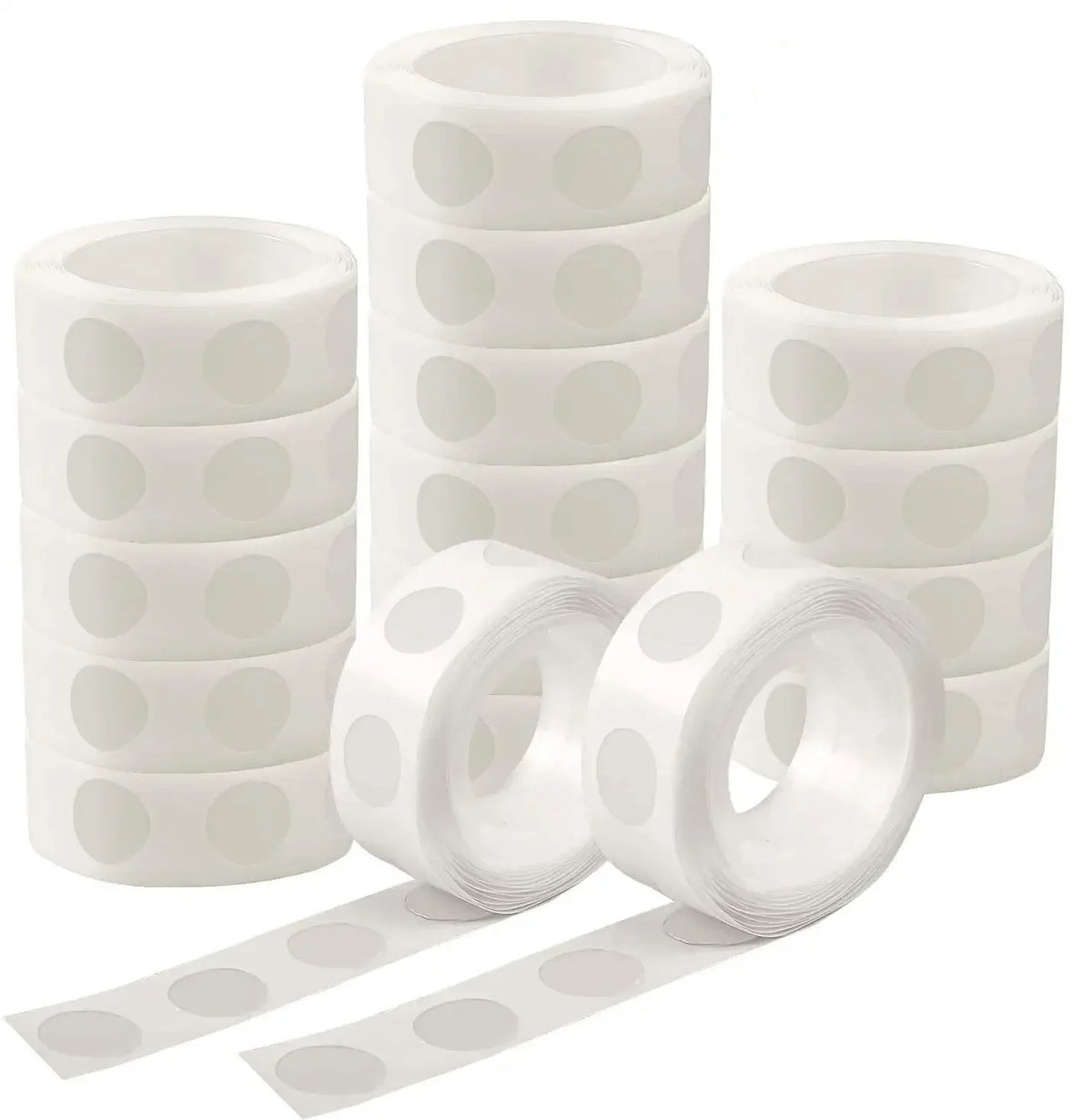 White removable double-sided adhesive dots packaged in stacks and rolls for balloons and crafts