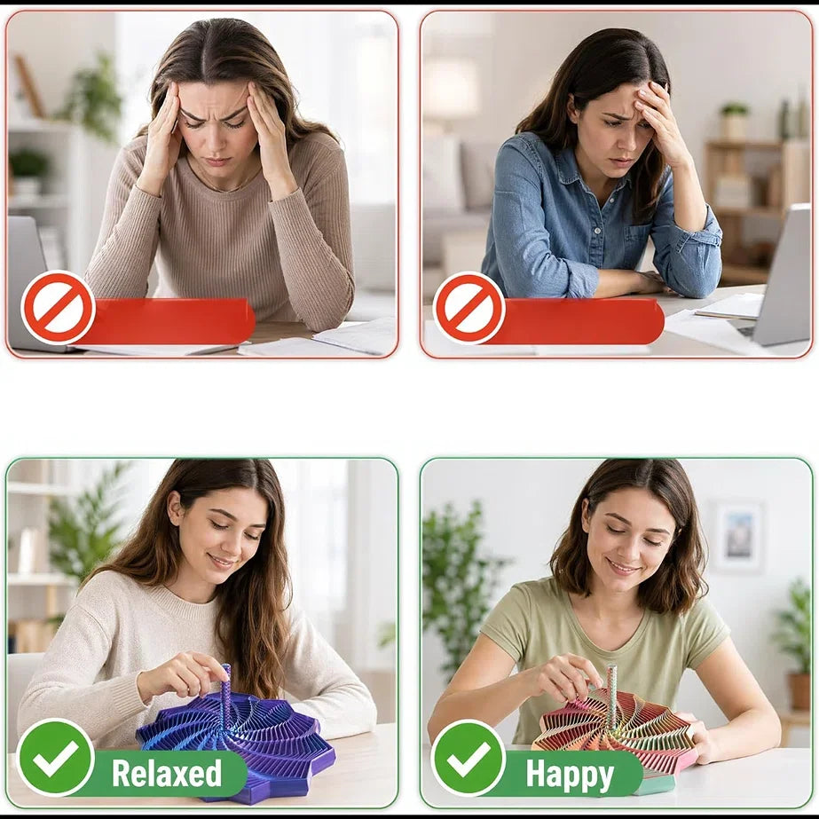 A woman is shown in two scenarios: stressed and relaxed, demonstrating the use of a 3D-printed star fidget spinner.