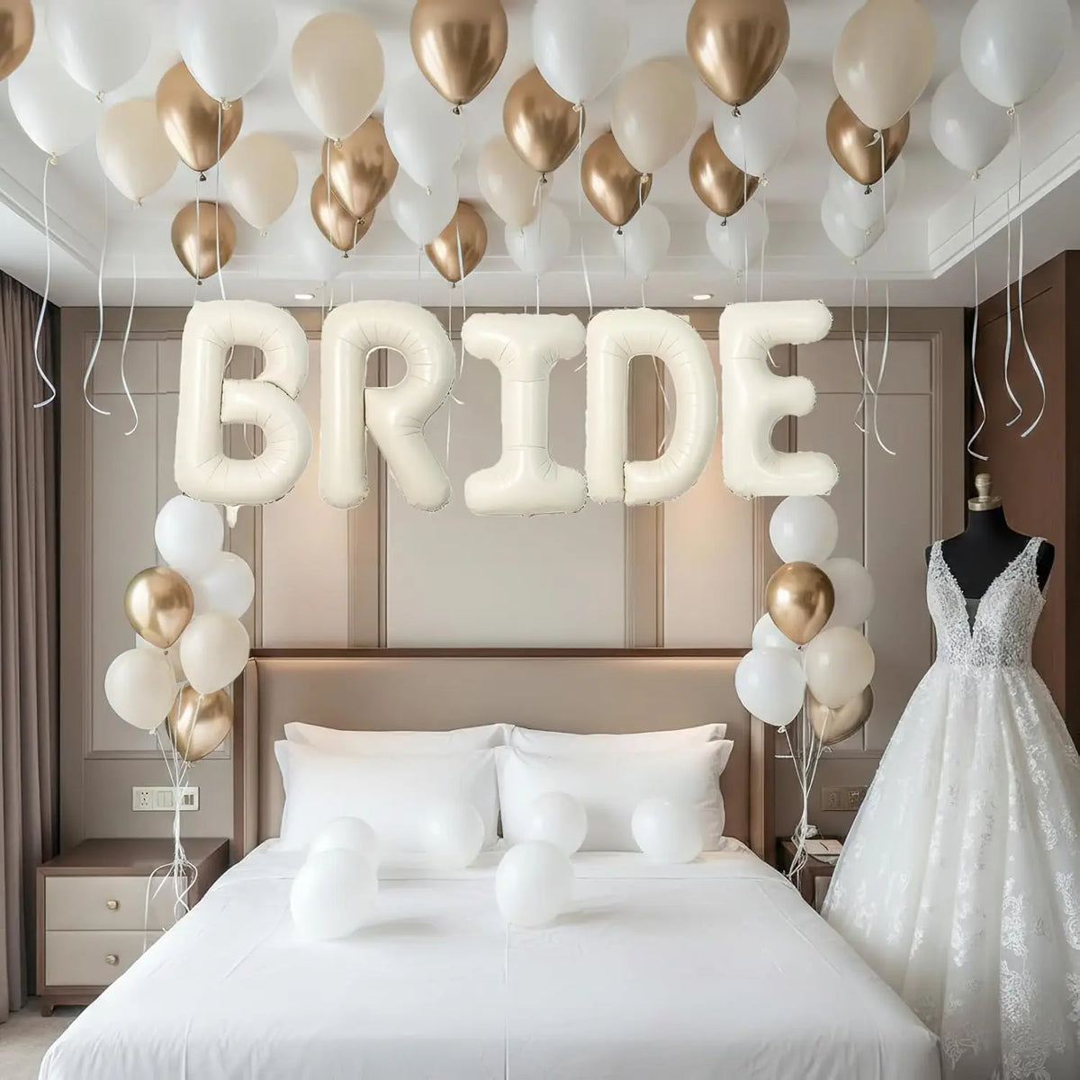 Elegant white and gold balloon set displayed above a bed, suggesting bridal decor.
