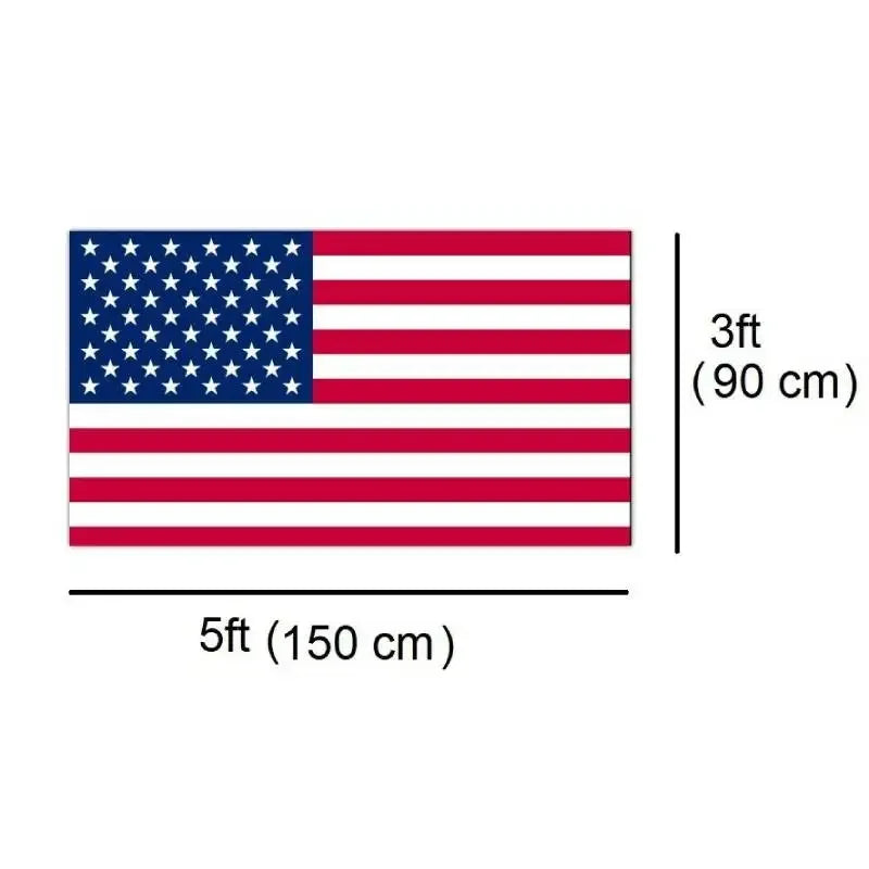 A rectangular flag design showing the American flag pattern with dimensions labeled in feet and centimeters.