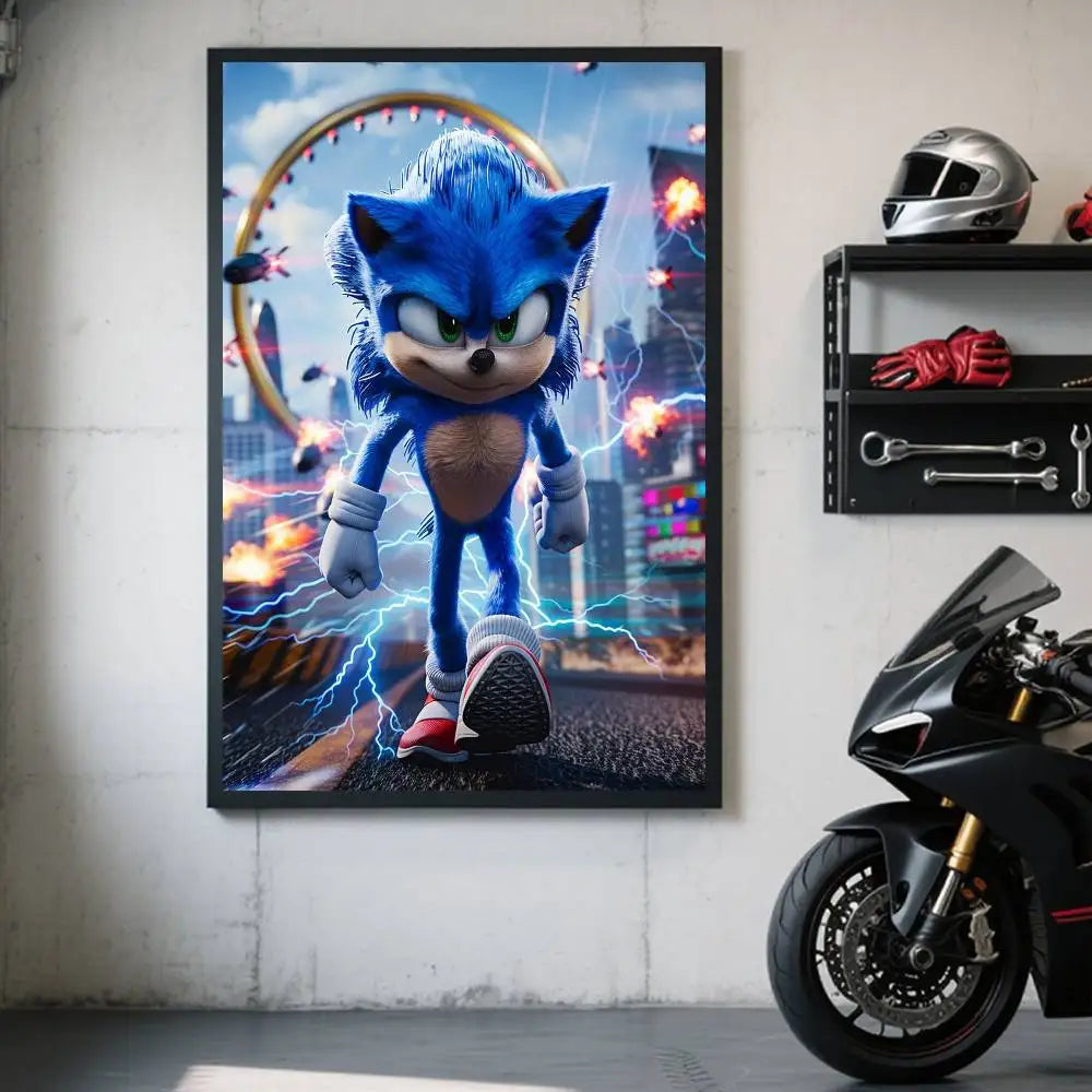 Anime-style movie poster of Sonic the Hedgehog standing dynamically with blue fur and electric effects.