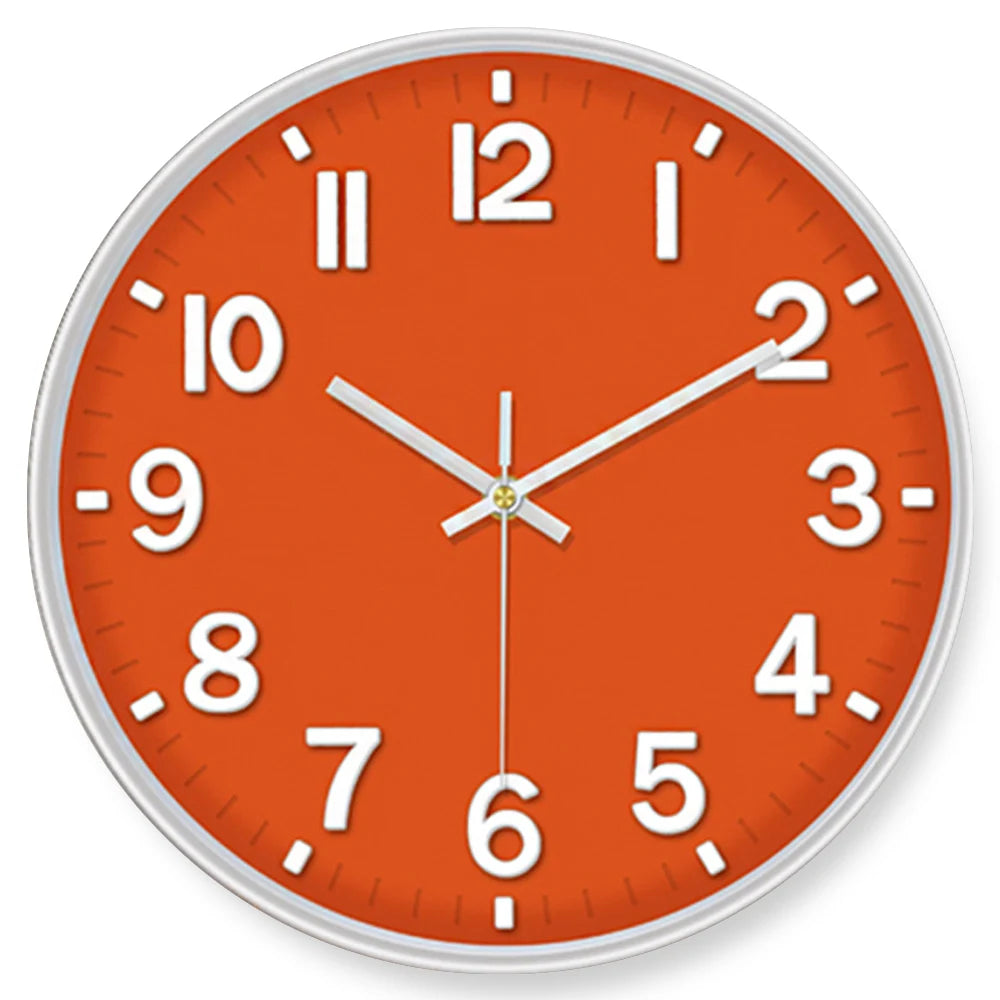 An orange round wall clock face showing the time, with white numbers and hands.