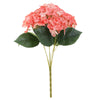 A bouquet of pink artificial hydrangea flowers with green leaves on a stem.