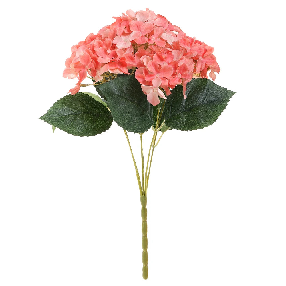 A bouquet of pink artificial hydrangea flowers with green leaves on a stem.