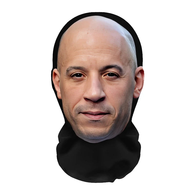 A realistic full-face cosplay mask covering the face of a man, shown from the front.