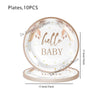 A plate set of 10 pieces with a gold rim and white surface featuring the text Hello Baby and floral accents.