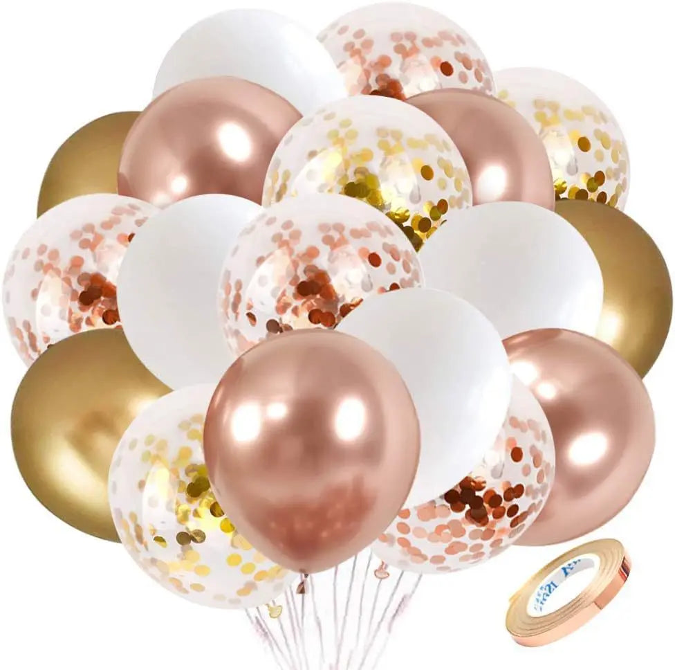 A pack of 30 chrome latex balloons in gold and rose gold metallic colors.