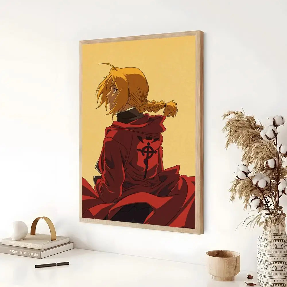 Anime poster featuring a character with blonde hair wearing a red cloak on a yellow background