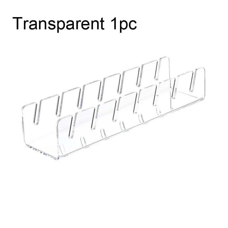 A transparent acrylic organizer rack designed to hold baseball caps.
