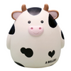 A cute white cow figurine with black spots and brown horns, labeled A BULLISH.