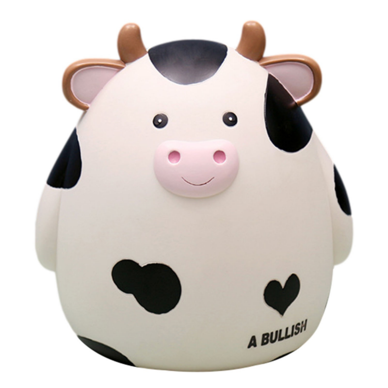 A cute white cow figurine with black spots and brown horns, labeled A BULLISH.