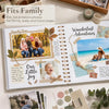 A scrapbook album titled Fits Family featuring photos and pages for family time adventures.