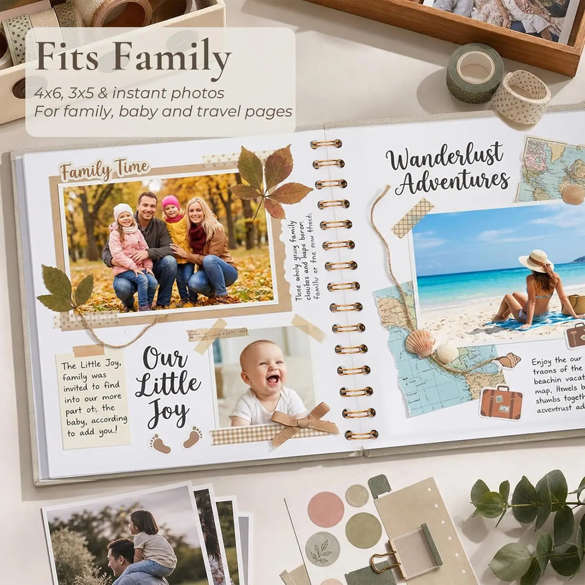 A scrapbook album titled Fits Family featuring photos and pages for family time adventures.