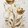 Diseño floral dorado y blanco con tulipanes y hojas sobre fondo claro.