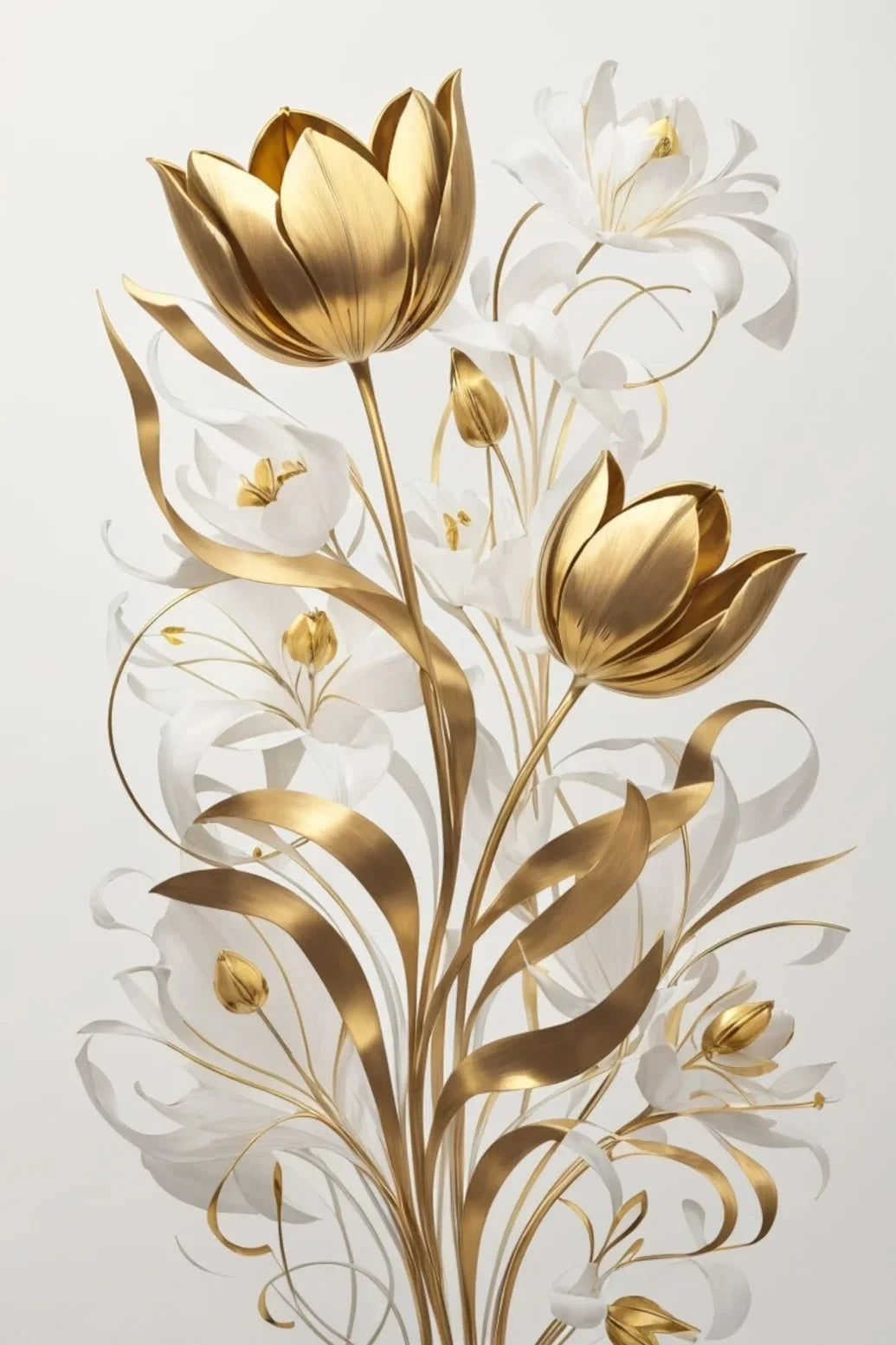 Diseño floral dorado y blanco con tulipanes y hojas sobre fondo claro.