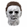 A realistic latex mask of a pale, scarred face resembling Michael Myers for Halloween.