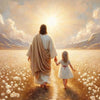 A silhouette of Jesus with a woman walking down a golden path toward a bright sun, surrounded by white flowers.