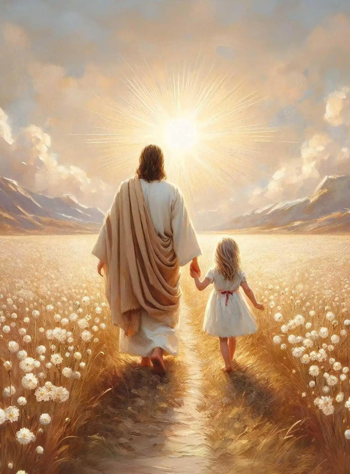 A silhouette of Jesus with a woman walking down a golden path toward a bright sun, surrounded by white flowers.