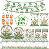 A birthday decor set featuring green and brown jungle safari themed banners, garlands, and table linens.