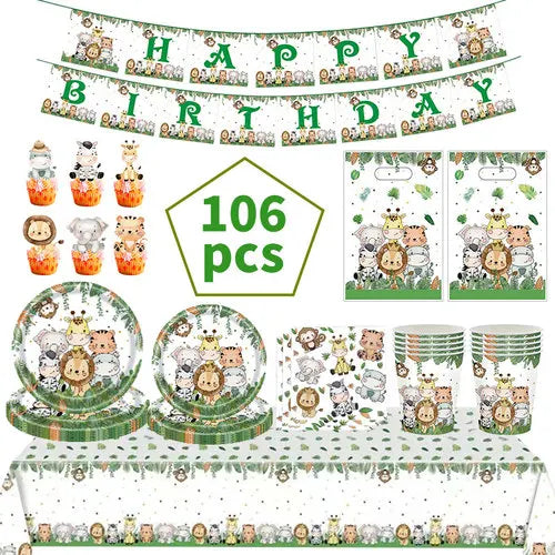 A birthday decor set featuring green and brown jungle safari themed banners, garlands, and table linens.