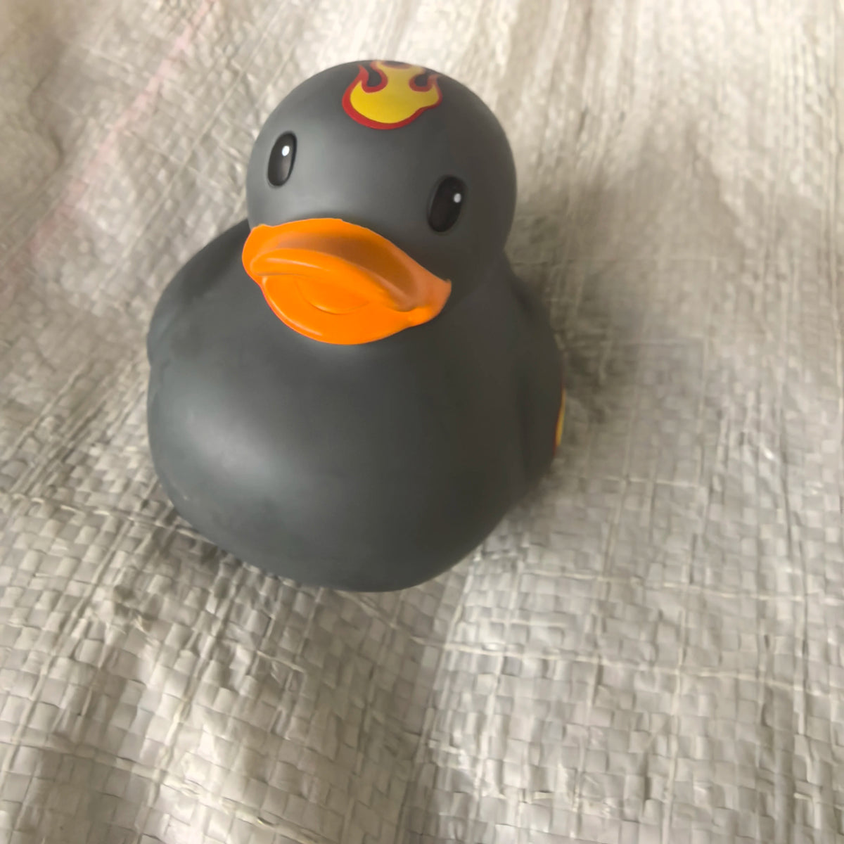A gray rubber duck bath toy with an orange beak and a red and yellow crown resting on a white textured surface.