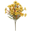 A bouquet of vibrant artificial pansy flowers with yellow and orange petals on green stems.