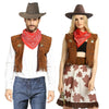 A woman models a classic cowboy costume set including a hat, vest, and scarf.