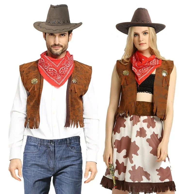 A woman models a classic cowboy costume set including a hat, vest, and scarf.
