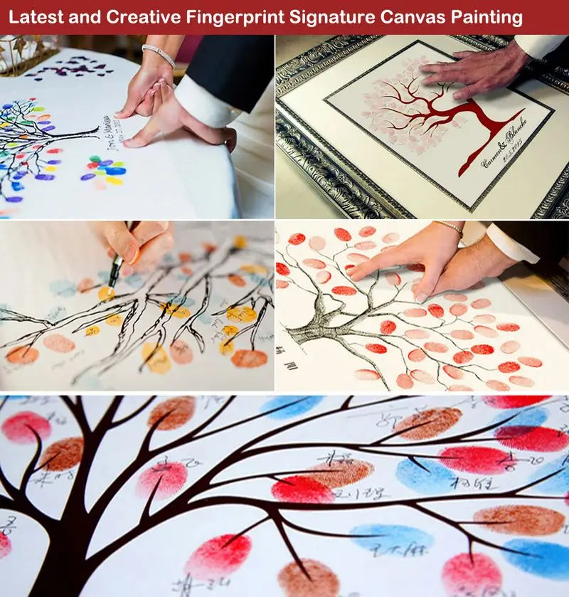 Mains peignent un motif d'arbre d'empreintes digitales sur toile pour un projet artistique de signature personnalisable.