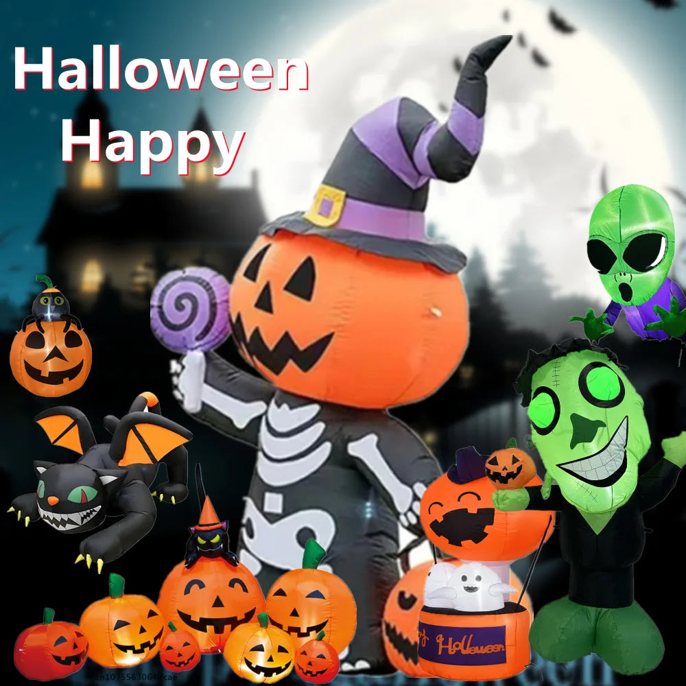 An inflatable Halloween pumpkin character wearing a witch hat and a green monster figure with glowing eyes.