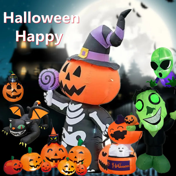An inflatable Halloween pumpkin character wearing a witch hat and a green monster figure with glowing eyes.