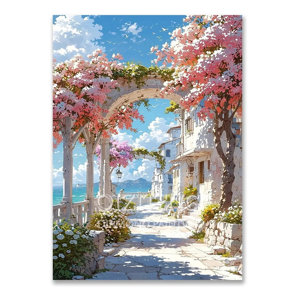 A vibrant painting of a Mediterranean street lined with flowering trees and white architecture under a blue sky.