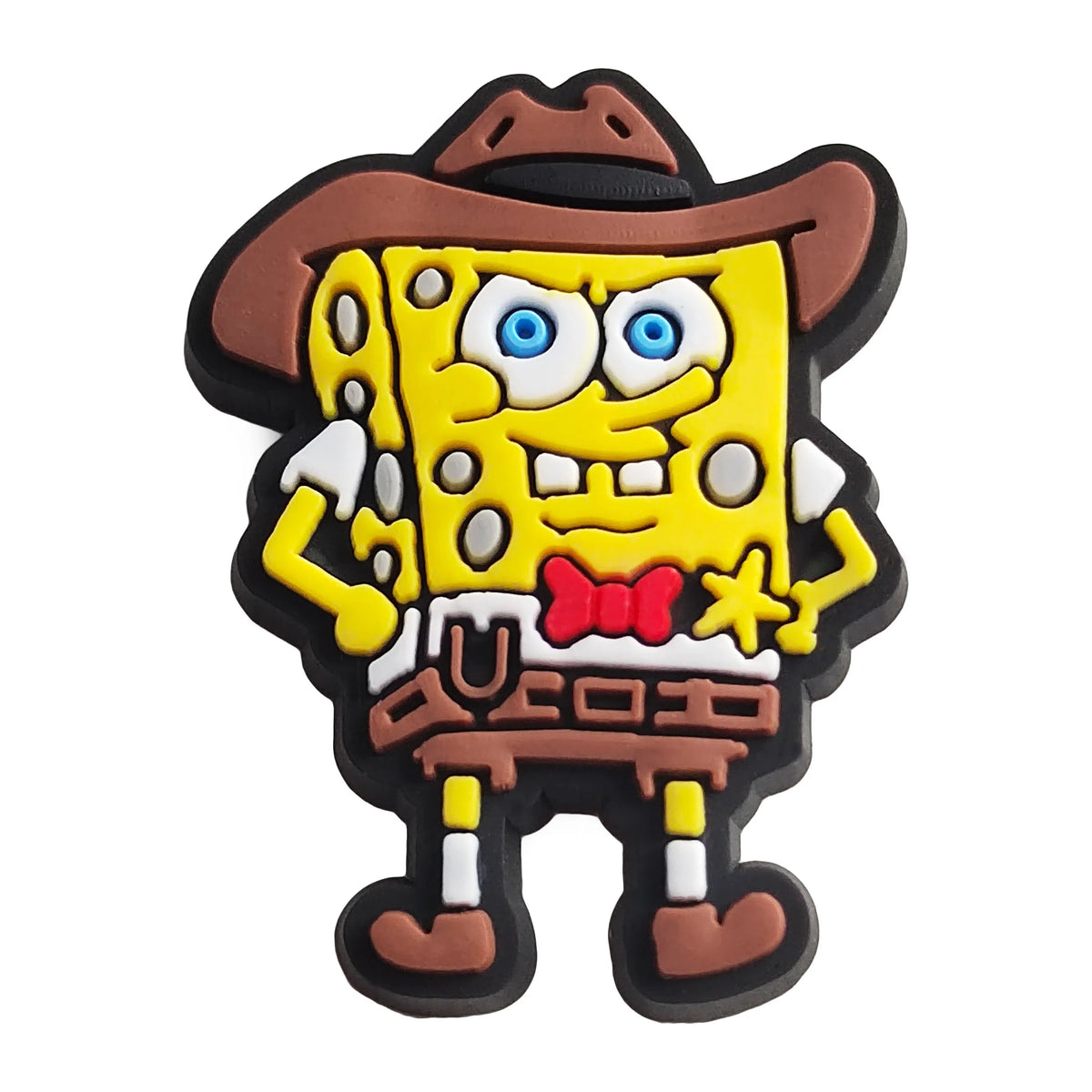 A set of SpongeBob SquarePants themed shoe charms featuring a character in a brown hat and yellow body.