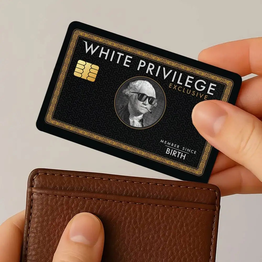 A black white privilege exclusive membership card is held over a brown leather wallet.
