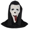 A white horror mask with black draping and a tongue sticking out, designed for Halloween and cosplay.