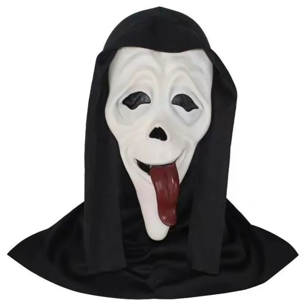 A white horror mask with black draping and a tongue sticking out, designed for Halloween and cosplay.
