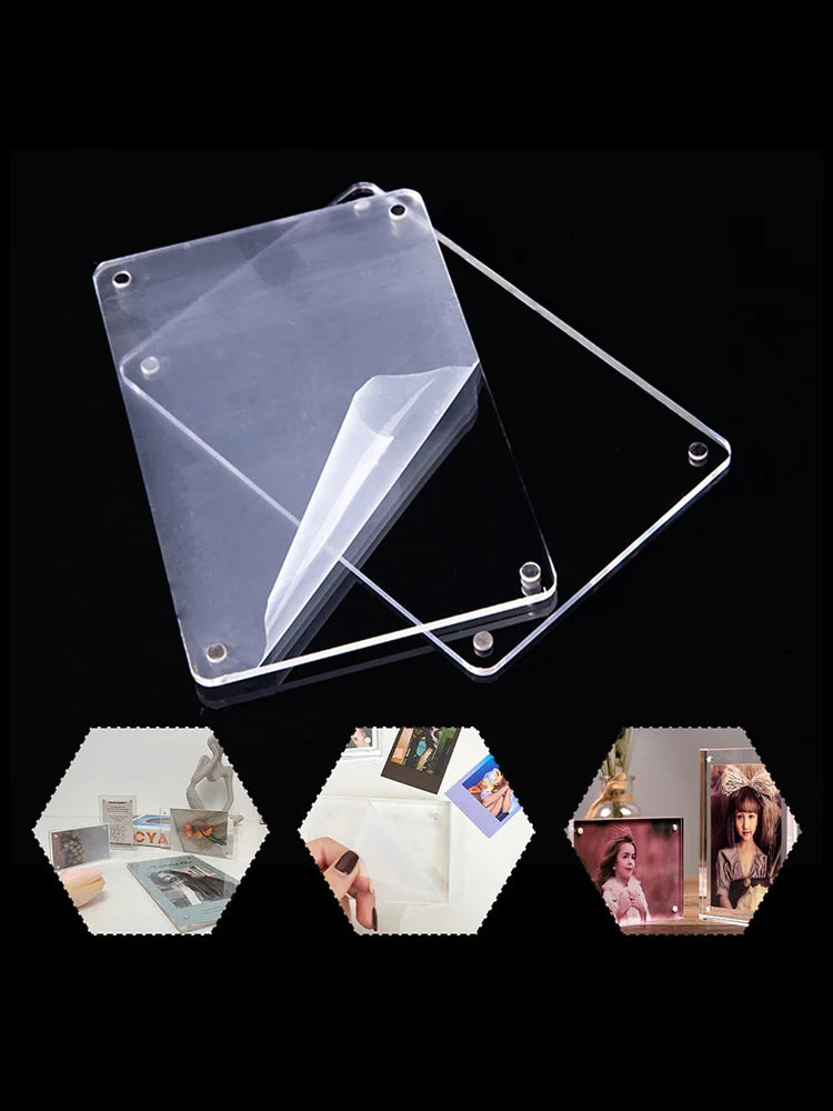 A clear acrylic magnetic photo frame with a transparent cover and mounting points.