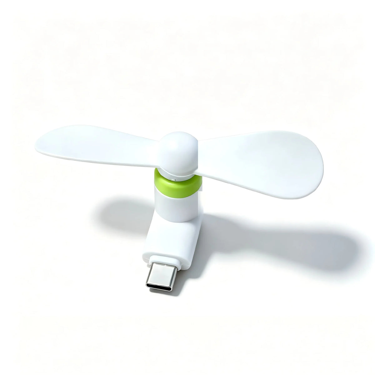 A white portable USB-C mini fan with soft blades and a charging port.