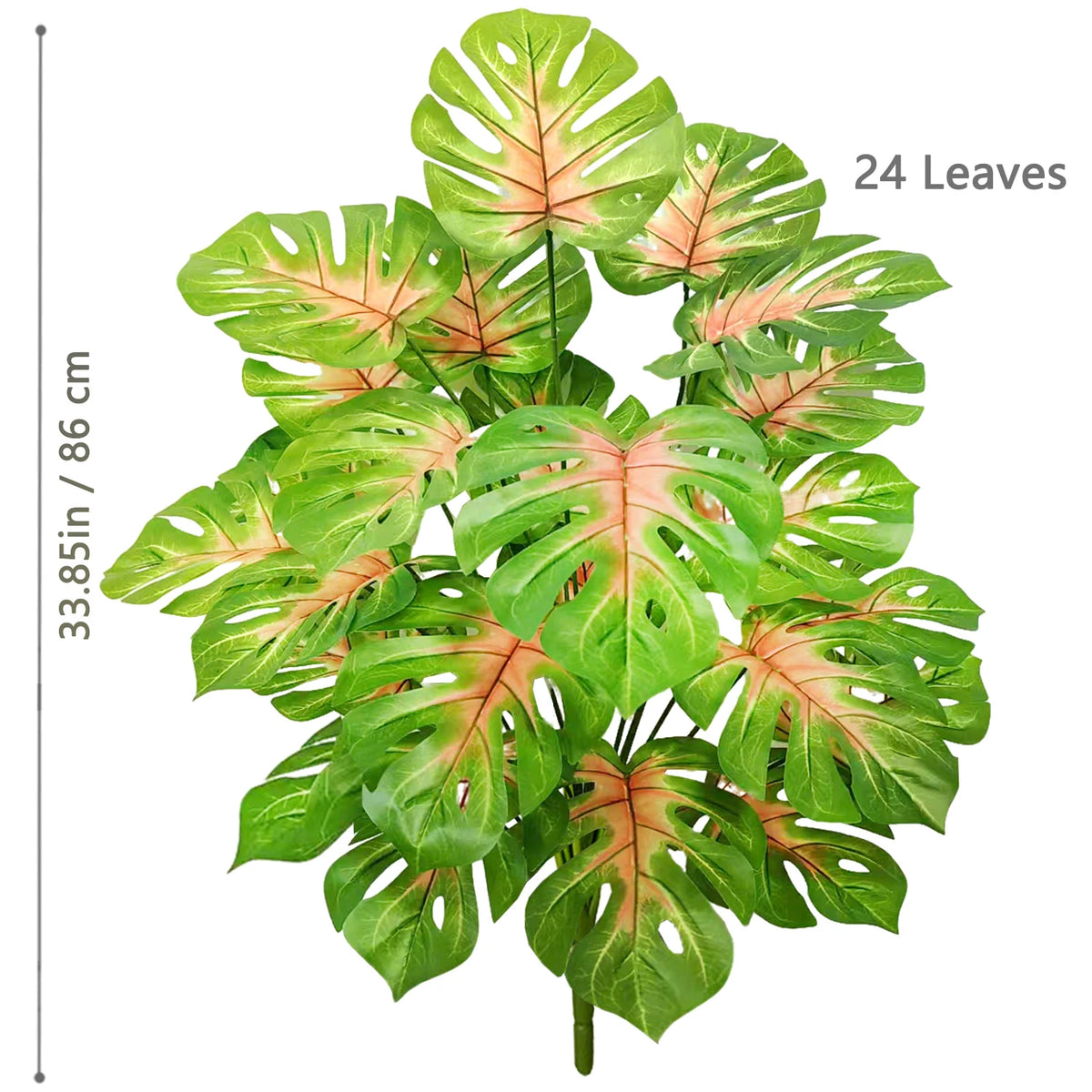A lush artificial monstera plant featuring 24 large, green leaves with pink accents.