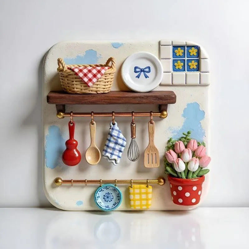 A white ceramic tray holds various kitchen items like a woven basket, wooden spoons, and colorful magnets.