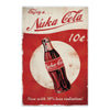 Vintage rusty metal wall sign advertising Nuka Cola with a bottle illustration and text.