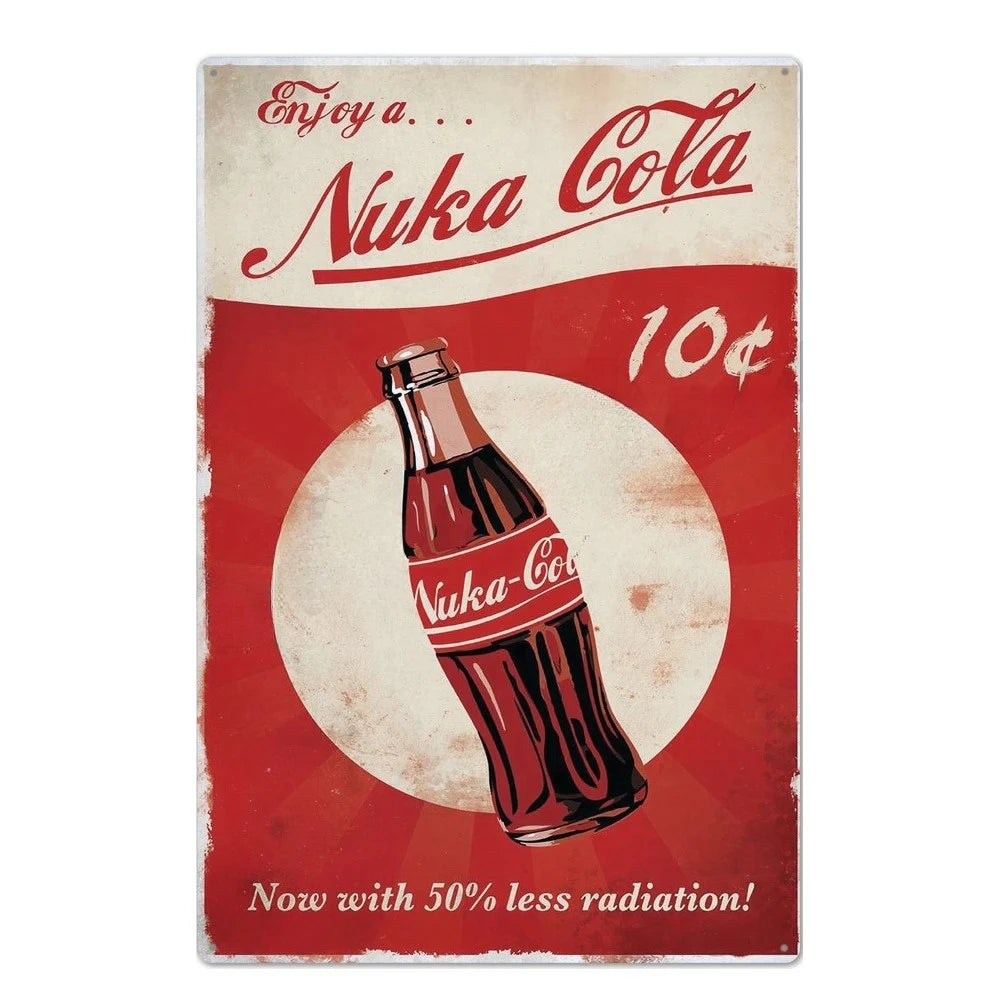 Vintage rusty metal wall sign advertising Nuka Cola with a bottle illustration and text.