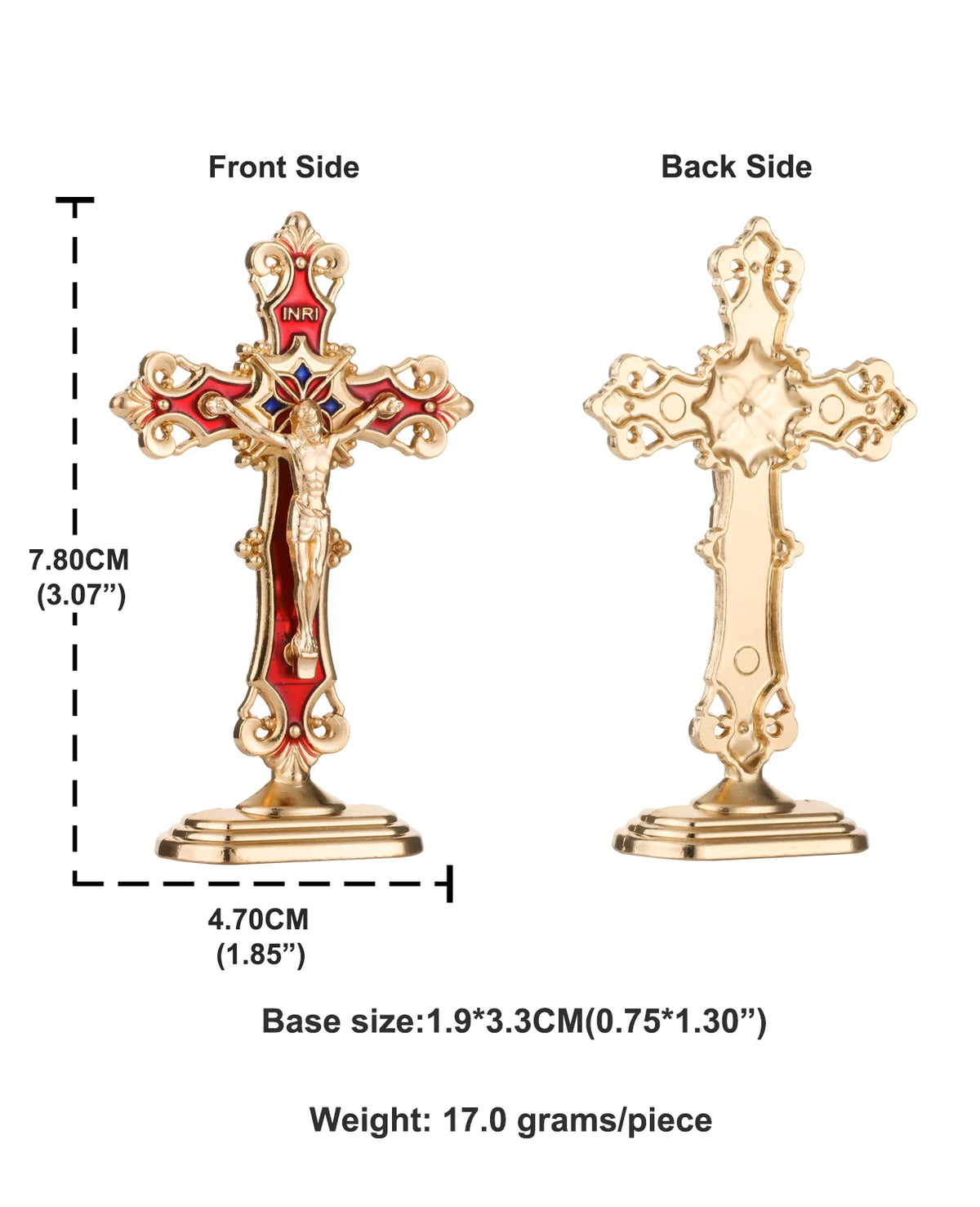A gold-colored metal crucifix desk cross with a decorative finish and self-adhesive base.