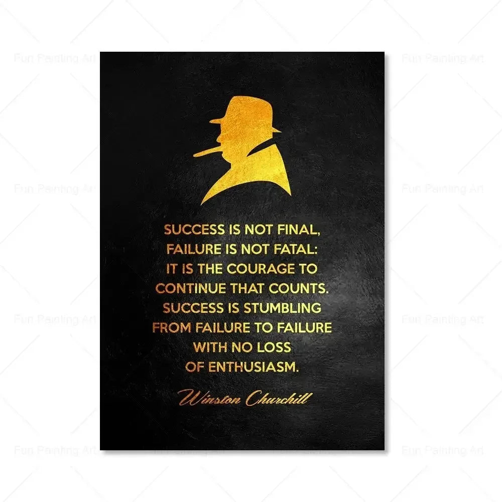 A black canvas wall art featuring a gold silhouette of a person and the quote Success is not final failure is not fatal it is