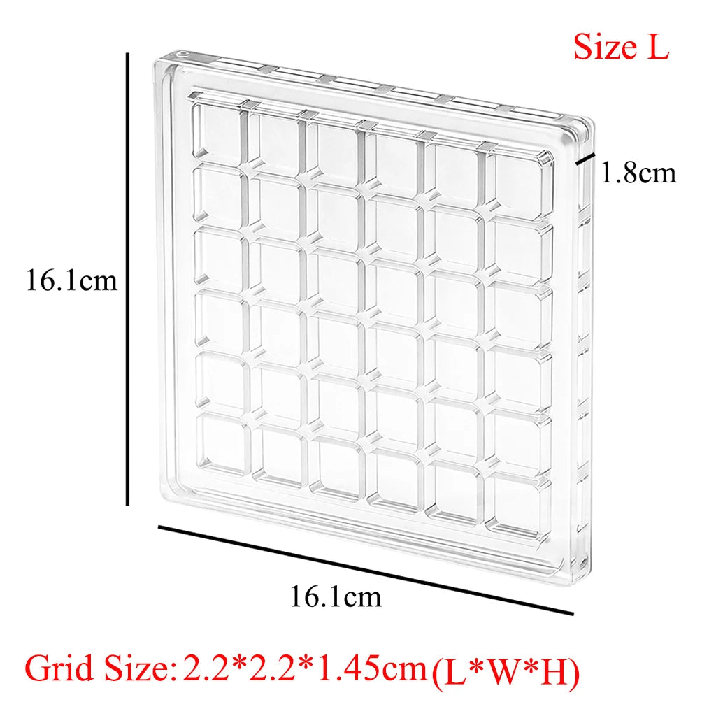 A clear acrylic grid display box with a grid size of 2.2x2.2x1.45cm.